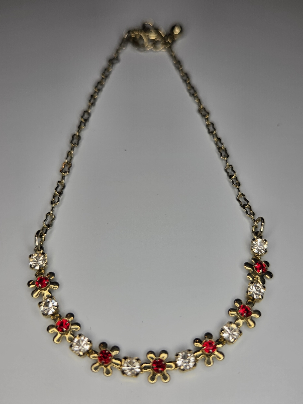 Gold-Tone Floral Rhinestone Anklet Red & Clear Crystal Adjustable